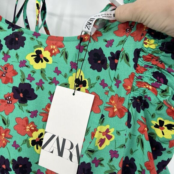 Zara Green Floral‎ Mini Dress 3/4 Length Ruched Sleeves Tie Back Size XS NWT - Picture 8 of 9